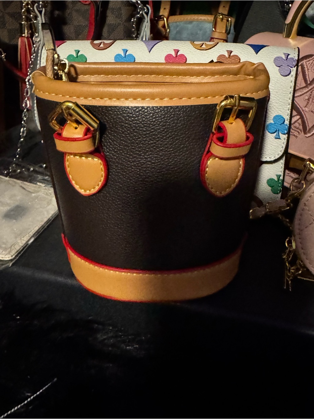 Brown and Tan Bucket Crossbody Bag by